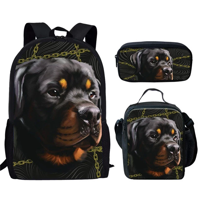 Tas sekolah motif anjing 3 Pcs/Set untuk anak laki-laki perempuan Rottweiler Doberman Labrador tas ransel anak-anak tas buku dengan tas makan siang tas pensil