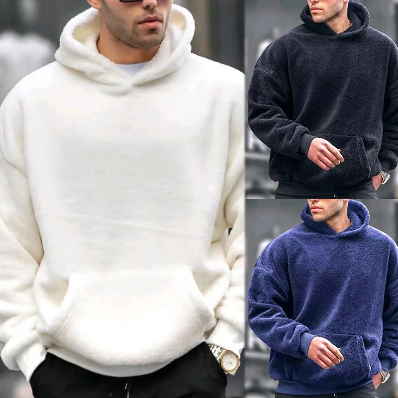 

Winter Fleece Hoodie Men Casual Solid Color Loose Oversized Hoodies Top Fall Long Sleeve Fashion Wool Hooded Sweatshirt For Mens