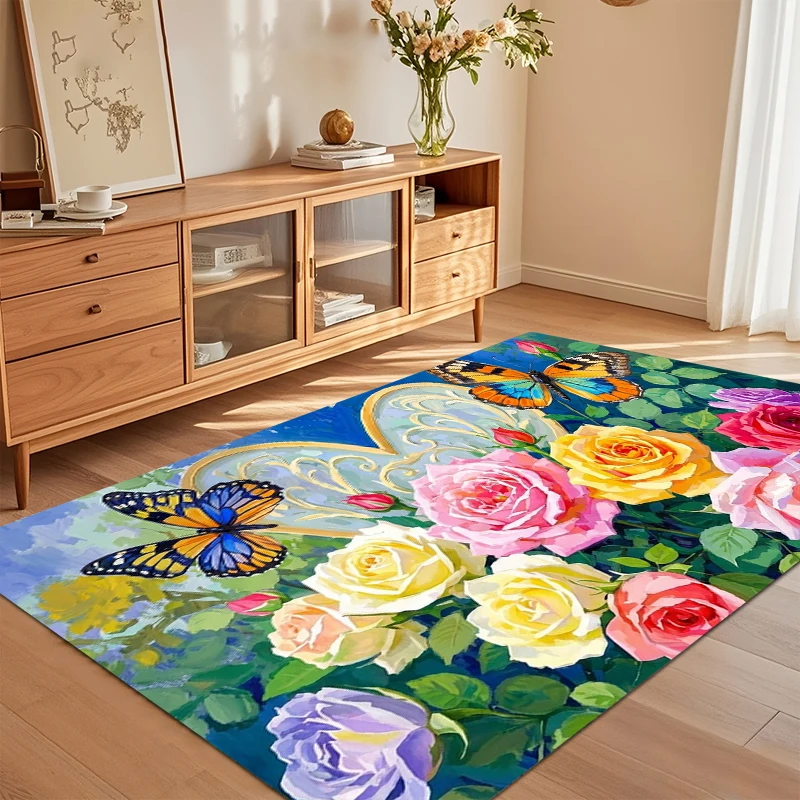 Vibrant Blue Butterfly & Colorful Rose Floral Stylish Cozy Area Rug for Living Room Bedroom Entryway Decor Non-Slip Washable