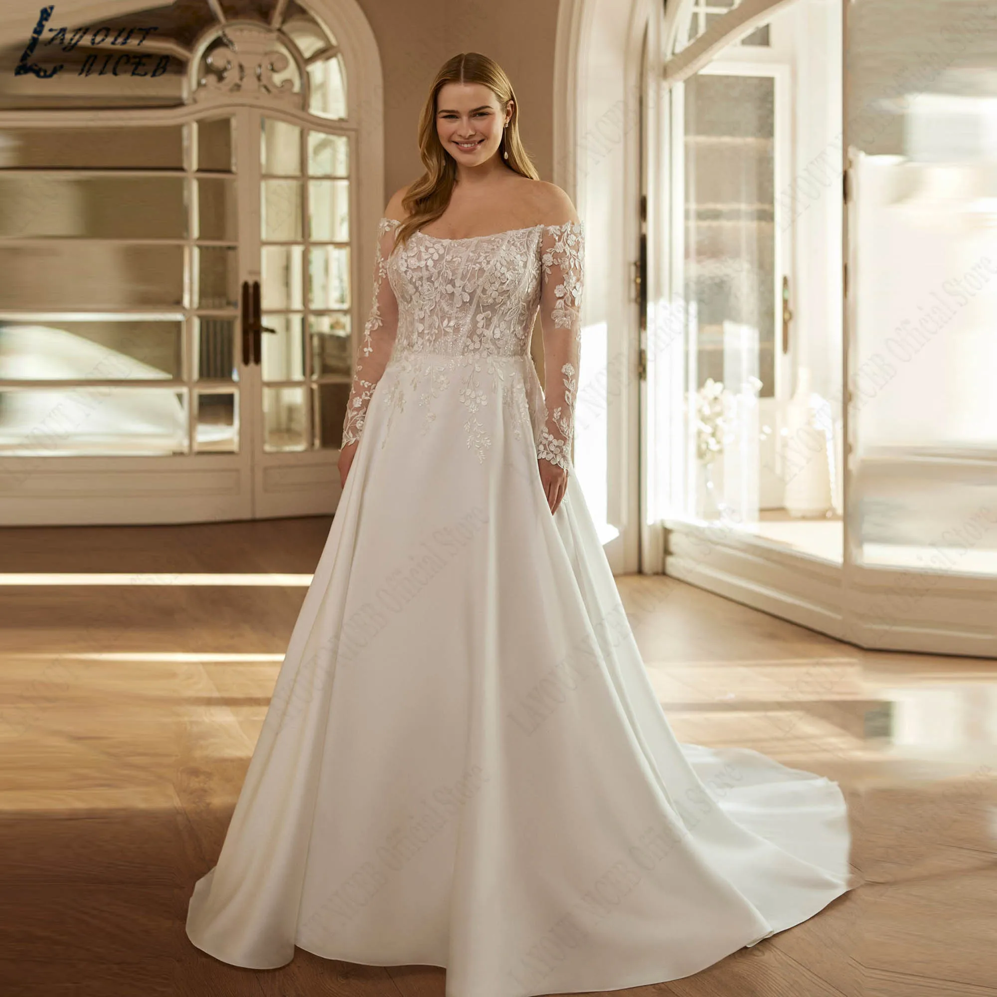 Off Shoulder Appliques Wedding Dress Satin A-line Backless Lace Up Bridal Gowns Plus Size Elegant vestidos de novia Customized