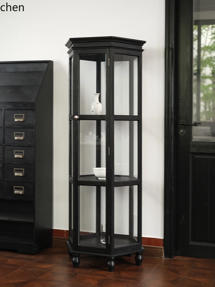 

YXY Vintage Display Cabinet Hexagonal Solid Wood Glass Cabinet Floor-standing Retro Home Display Cabinet
