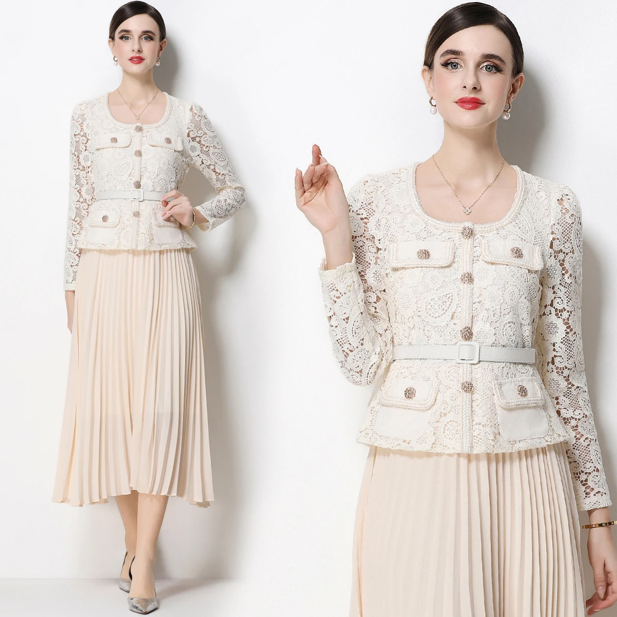 

Ретро-платье женское с кружевными вставками и отложным воротником, с длинными рукавами, А-силуэт, миди, с завышенной талией, для офиса и города, повседневное, весеннее