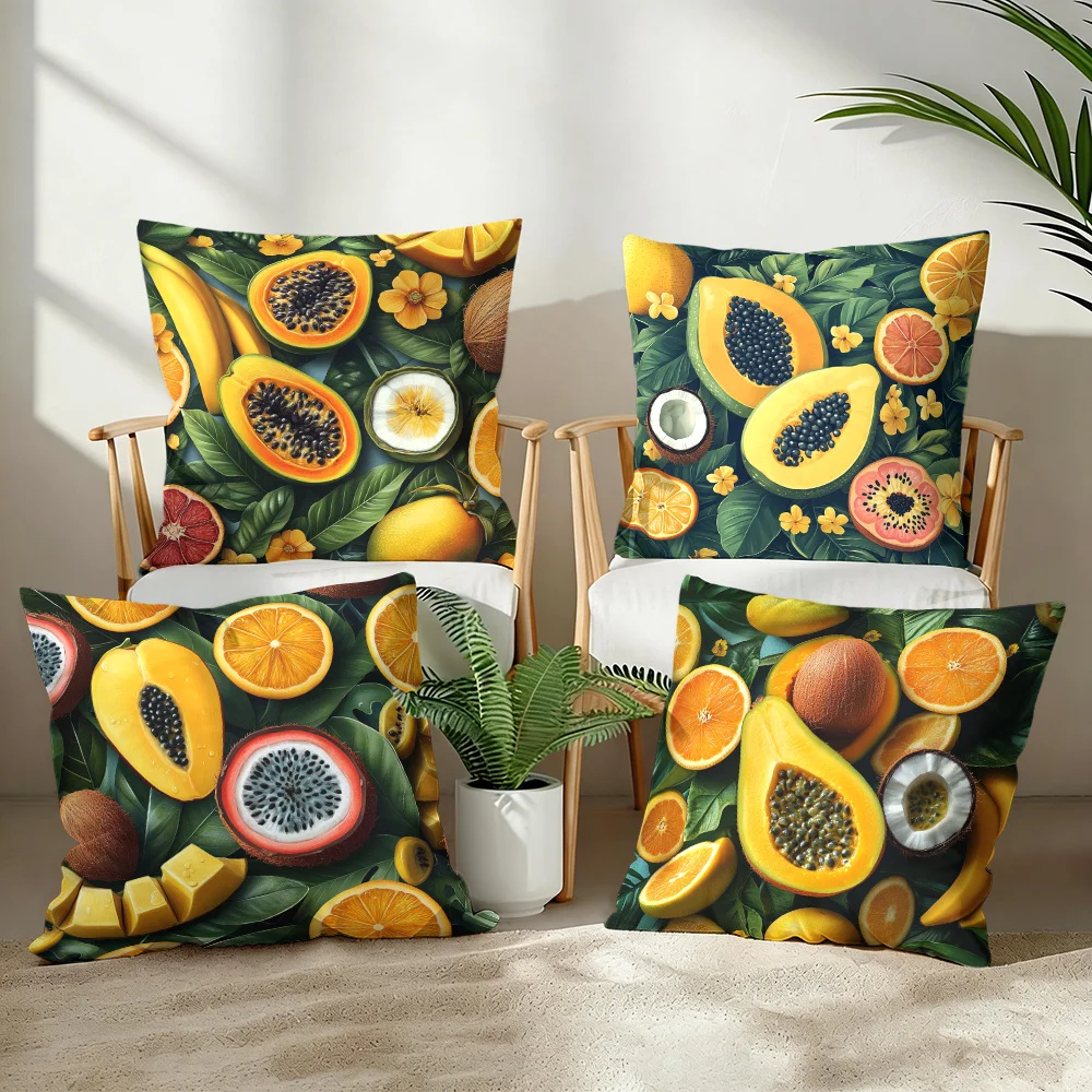 Decorative 4 Piece Tropical Fruit Print Pillow Cover Set Polyester Mango Citrus Pattern Printed Cushion Case for Home Bedroom De