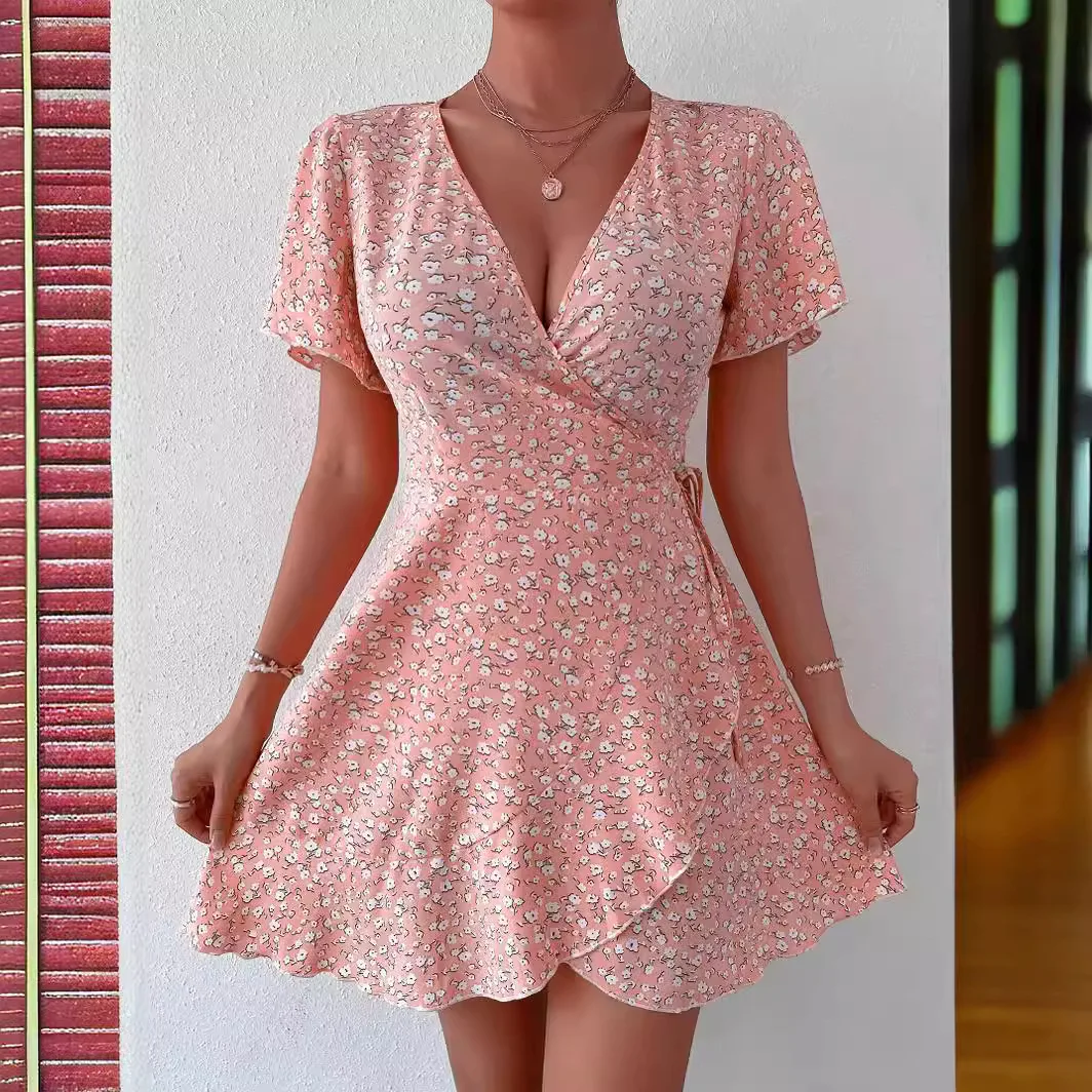 Sukienki Na Bal V-Ausschnitt Blumendruck Taille A-Linie Spitzenkleid Damen Strand-Resort-Stil Vielseitiges Alltags-Freizeitkleid Süßer Kurzer Rock