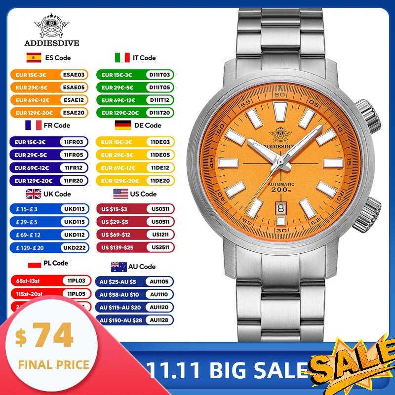 

ADDIESDIVE New Japan 8215 Automatic Diving Watch 42mm Men's Luxury Watch Orange Dial Ceramic Bezel Super Luminous 200m AD2093