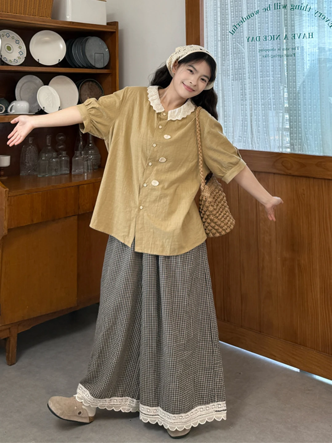 

plus Size Women's Doll Collar Summer Loose Slimming Younger Commute Casual Plaid Wide Leg Pants Set Korean Style High Waist