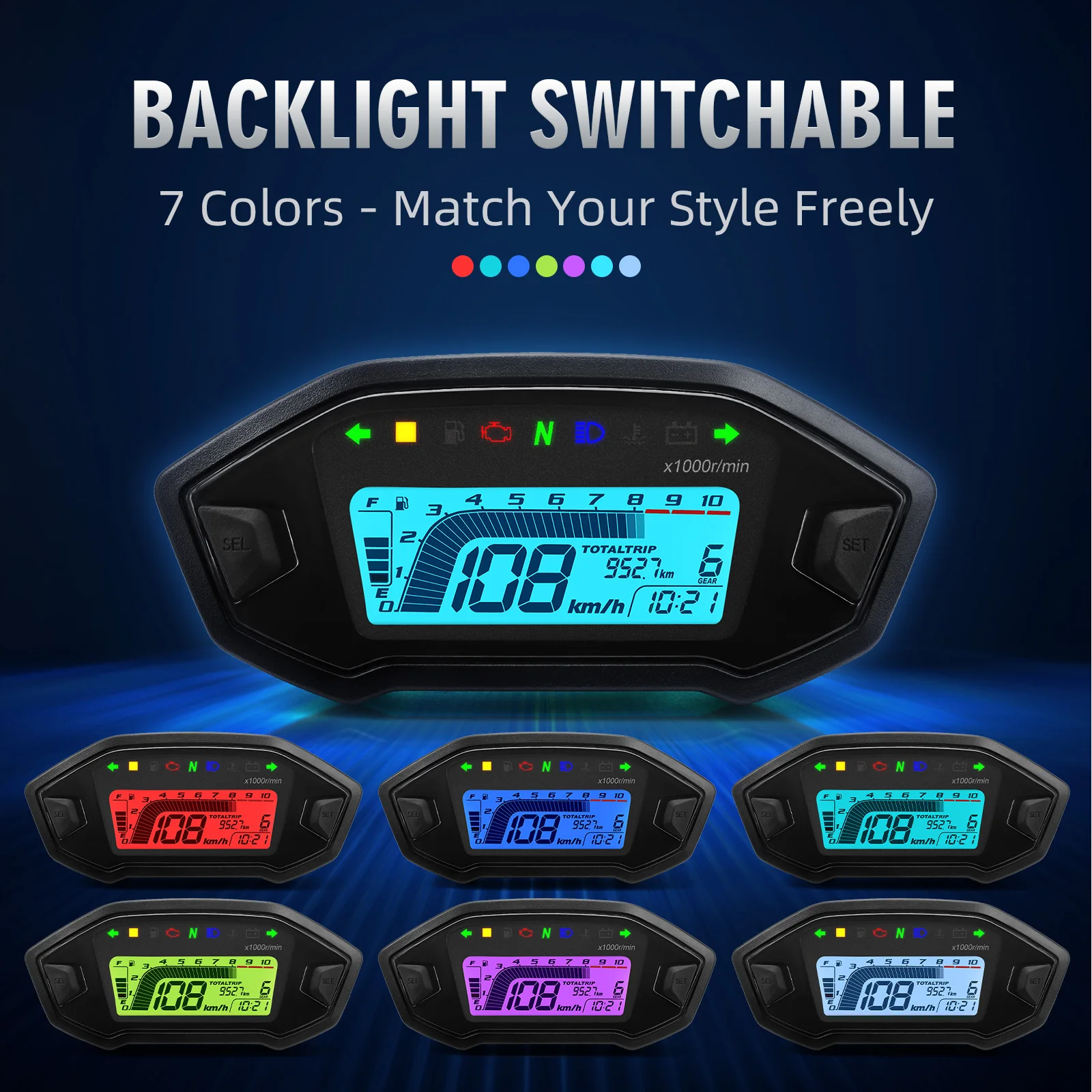 MotorcycleDigital Speedometer Tachometer Instrument Dashboard Panel Motorcycle LCD Display 10000RPM for 2-4 Cylinder 7 Colors