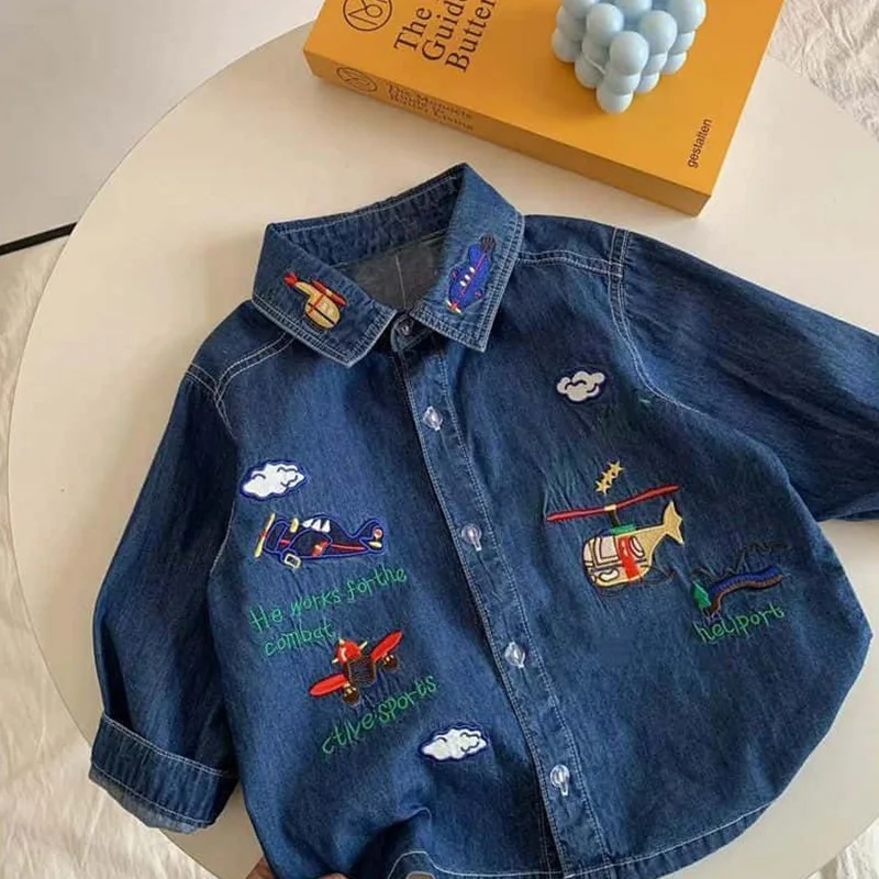 Boys' Stylish Cartoon Embroidered Lapel Denim Shirt 2026 Spring and Autumn Cute Casual Shirt Jacket for Children