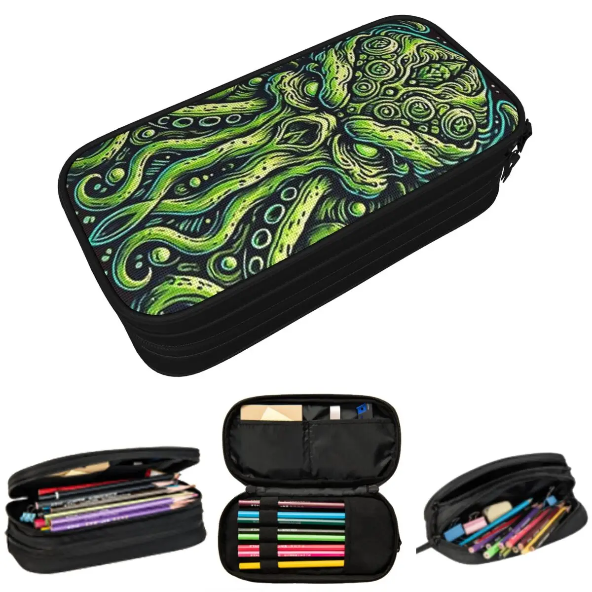 Grünes Cthulhu-Oktopus-Federmäppchen mit Tentakeln und Zähnen für Jungen und Mädchen, Schule, Stiftbox, Stifttasche, Schreibwaren, Stifthalter, Tasche