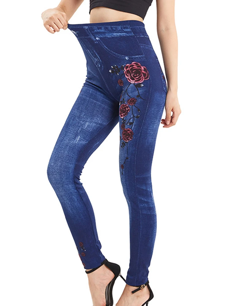 

Out Wear Faux Denim Jeans High Stretch Leggins Fitness Yoga Legging Printed Tight Summer Women Pants