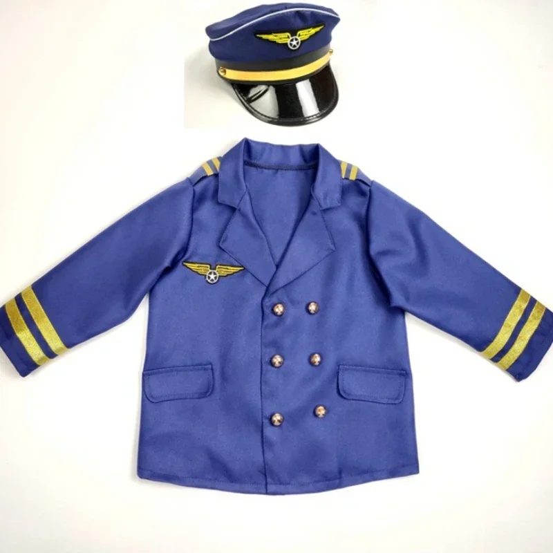 Children Halloween Costume Kids Aircraft Captain\'s Uniform Cosplay Clothing Hat Set Pilot Party Clothes Boy Girl Birthday Gift