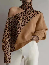 Camisola de malha padrão leopardo feminina, gola alta, ombro fora, top manga longa, novo, outono, inverno, 2022