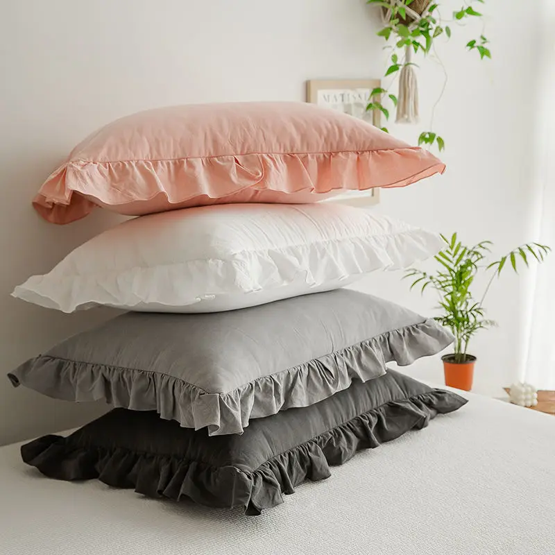 Cotton Pillowcase Solid Color Ruffle Edge Cushion Covers Decorative Soft And Breathable Rectangle Durable Fabric Bedding