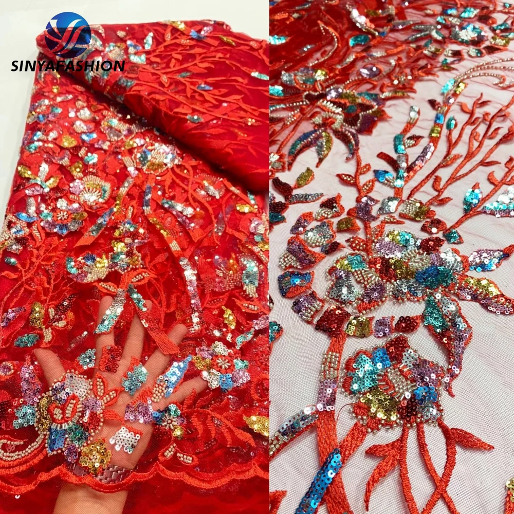 

Tim Colorful Sequins Tulle Embroidery African French Lace Fabric High Quality Red Groom Luxury Beaded Wedding Lace Fabric Women