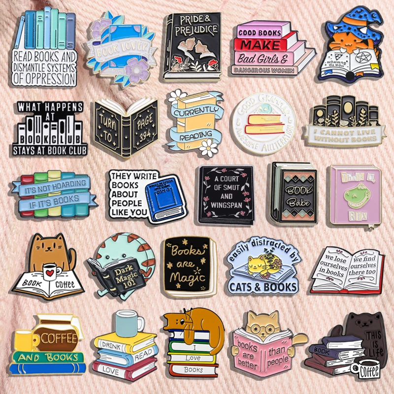 Creative Book Collection Enamel Pins Coffee Lazy Cat Bookworm Nerd Magic Book Brooches Lapel Badge Jewelry Gifts For Friends