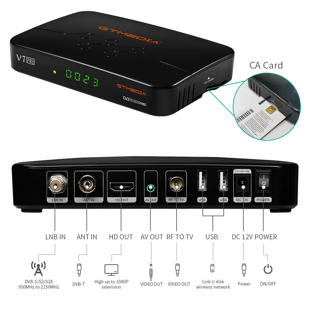 Gtmedia v7 pro combo Dvb-T2/s2 receptor de satélite (usb wifi) suport h.265 powervu biss chave ccam newam yout 1080p hd completo
