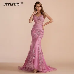 BEPEITHY Customized V Neck Mermaid Long Prom Evening Dresses 2023 Sleevesless Lace Sexy Sweep Train Wedding Party Gown For Women