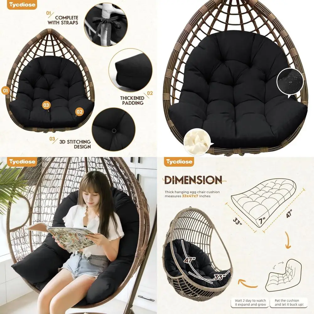 

Черная U-образная водонепроницаемая подушка для уличного стула-яйца, 47x33x7 дюймов