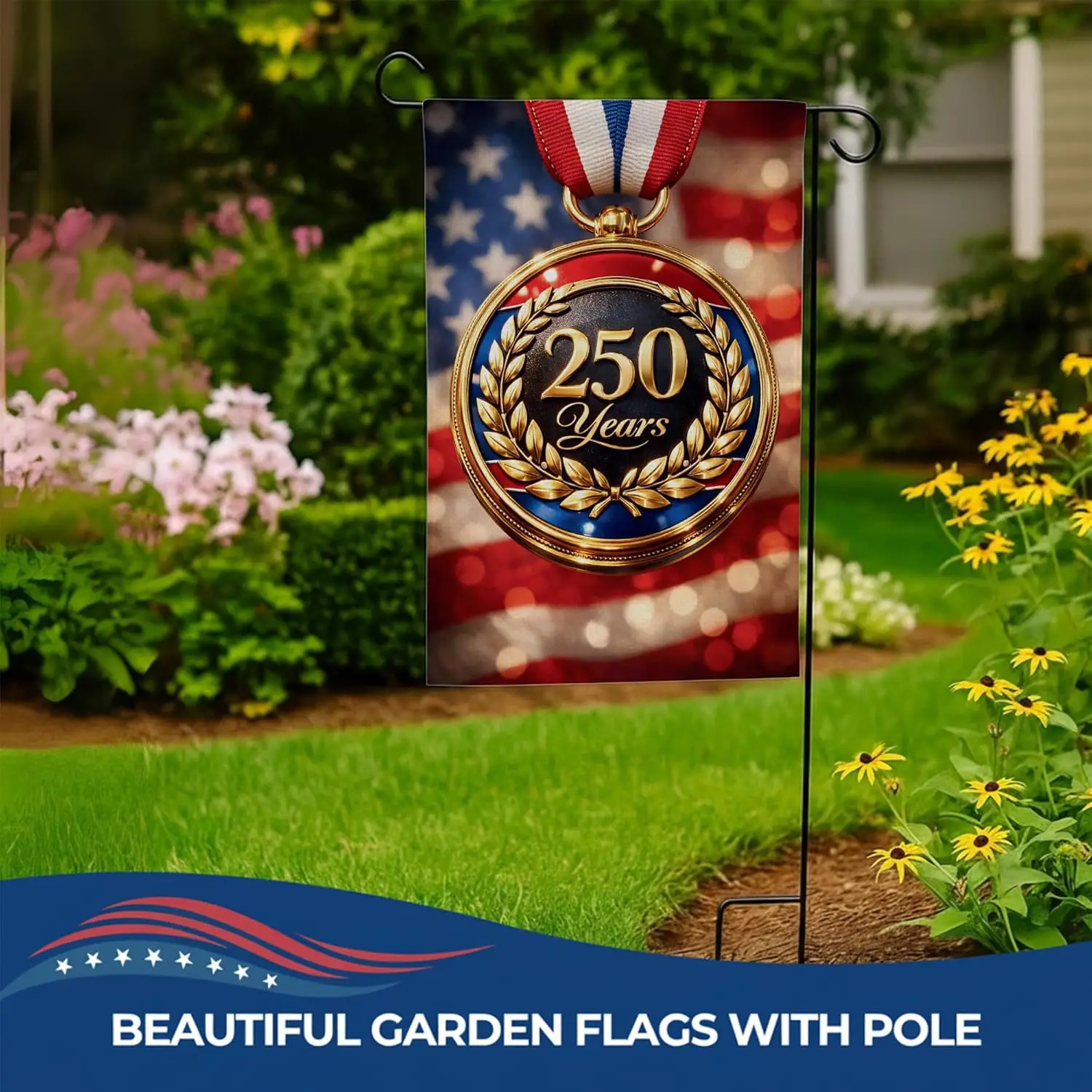 250th Anniversary of USA Independence Garden Flag with Pole Stand by DreamController | Decorative Garden Flag Holder Set for AAS
