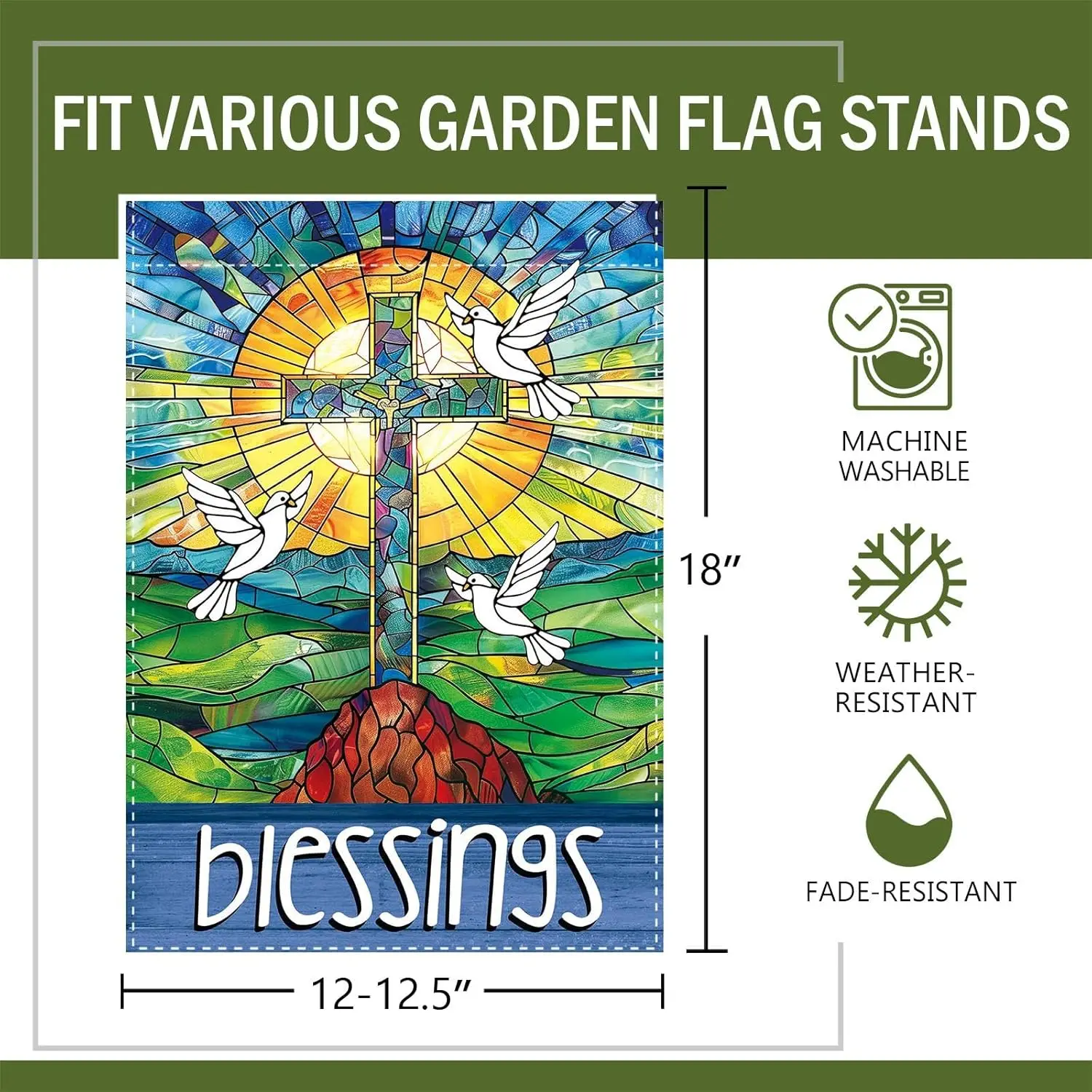 Stained Glass Window Cross Christian Decorative Garden Flag, Religious Blessings Spring Summer Sun Dove Small Yard Decoratio AAS