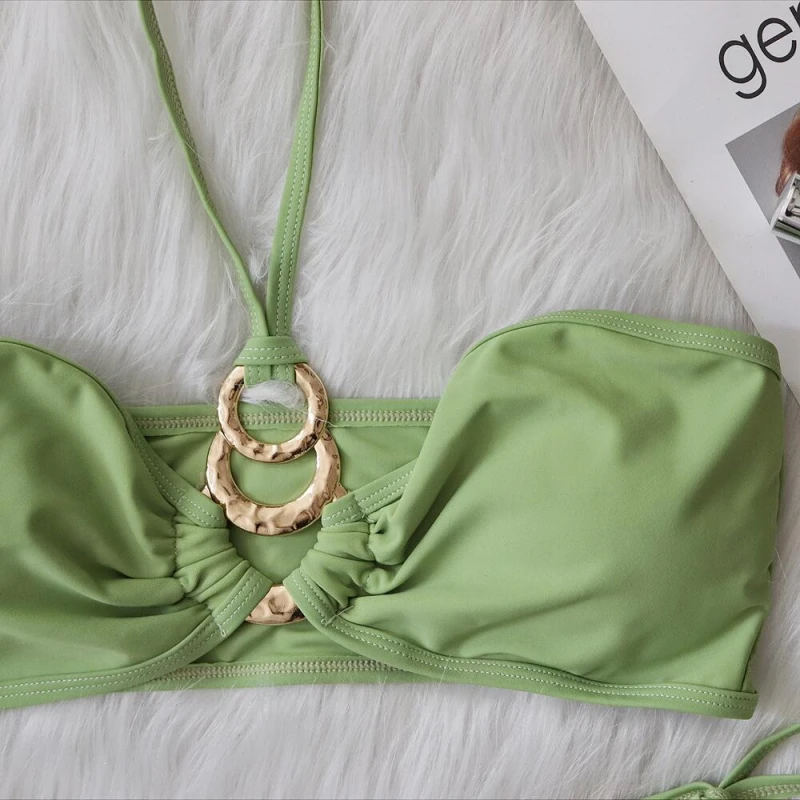 Swimsuit Metal Accessories Hollow Bikini Solid Color Strapless Tie Women's Swimwear