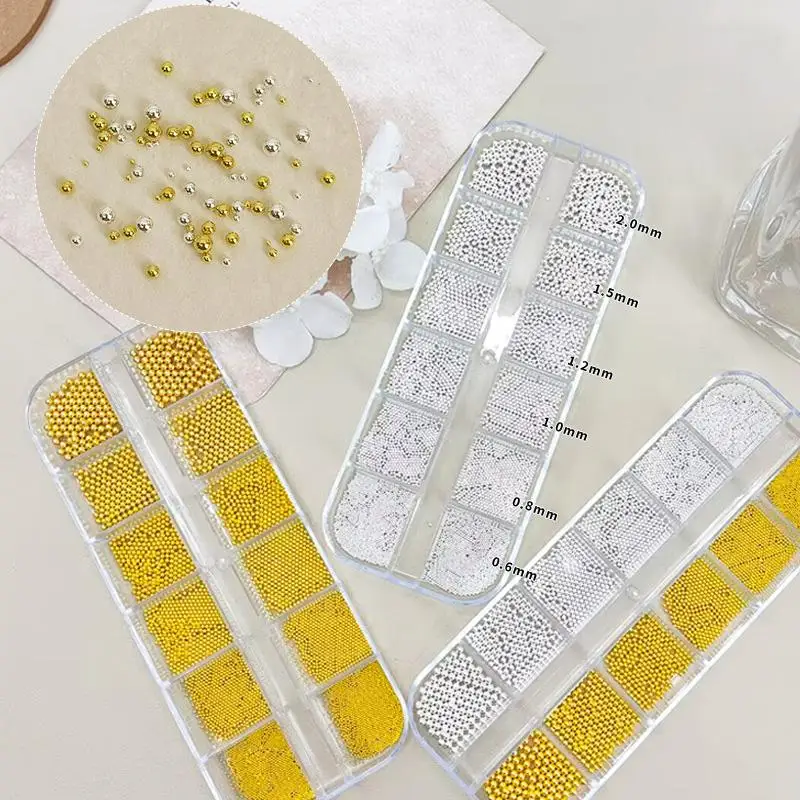 12 Gitter 0,6-2mm Gemischte Größen 3D-Design Nagelkunst Winzige Stahlperlen Gold Silber Schmuck Maniküre-Tipps Charm Mikrokugeln DIY-Dekoration – Detail 4