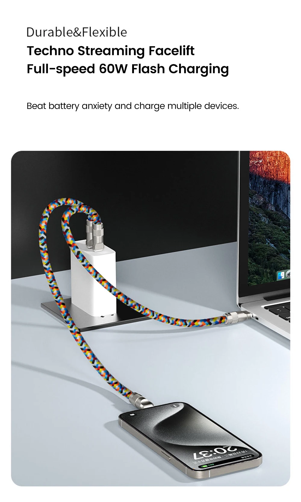 2 in 1 USB C Type C Fast Charging Cable Data Cord with Neck Straps Lanyard 60W PD Cable For iPhone Samsung Xiaomi Huawei