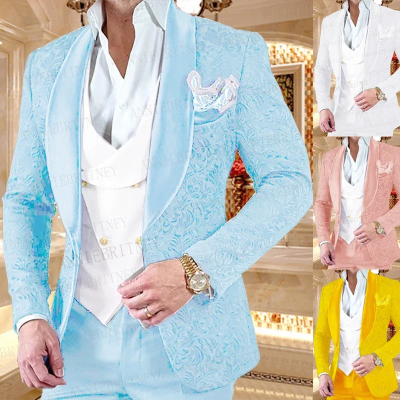 Formal Sky Blue Jacquard Men\'s Business Suit 3 Pieces Slim Fit Men\'s Groom Wedding Dress Evening Dress Tuxedo Jacket Vest Pants