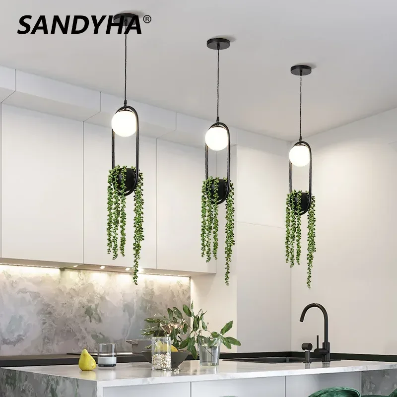 

SANDYHA Nordic Retro Plant Pendant Lights Iron Art Creative Green Grass LED Lamp for Dining Room Aisle Cafe Home Decor Fixtures