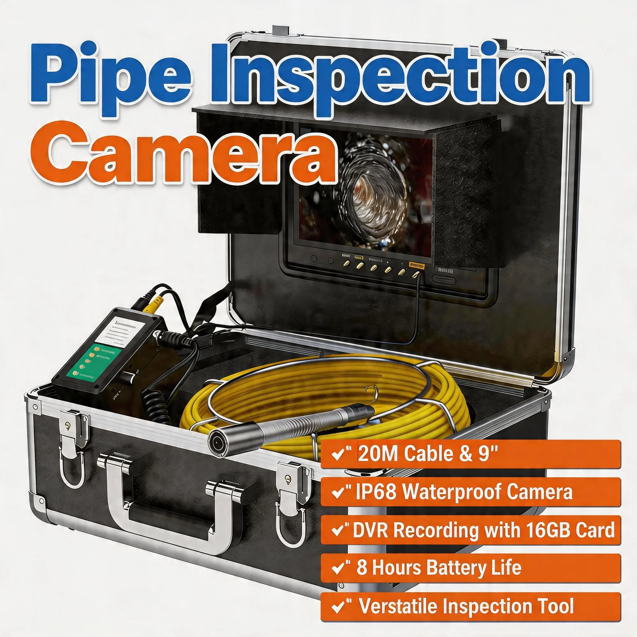 

9-дюймовая 20-метровая камера для осмотра канализации с локатором 512 Гц, DVR-монитором, самовыравнивающаяся, 1000TVL, IP68, кабель 4,9 мм, объектив 22 мм, для инспекции дренажных труб, 16 ГБ