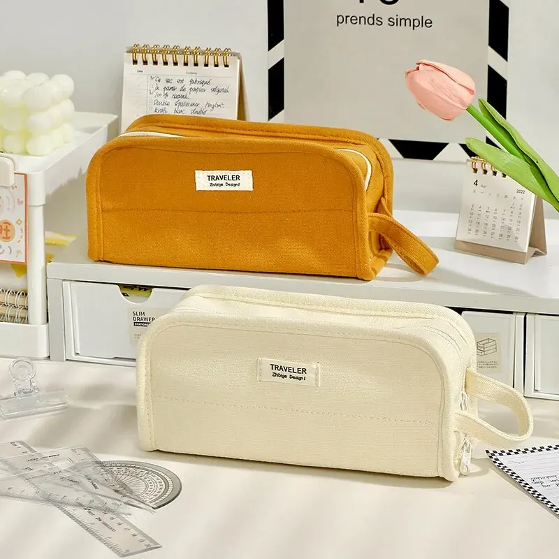 Multifunctional Canvas Pencil Bag with Large Capacity Student Pen Case That Can Stand on Desktop School Supplies