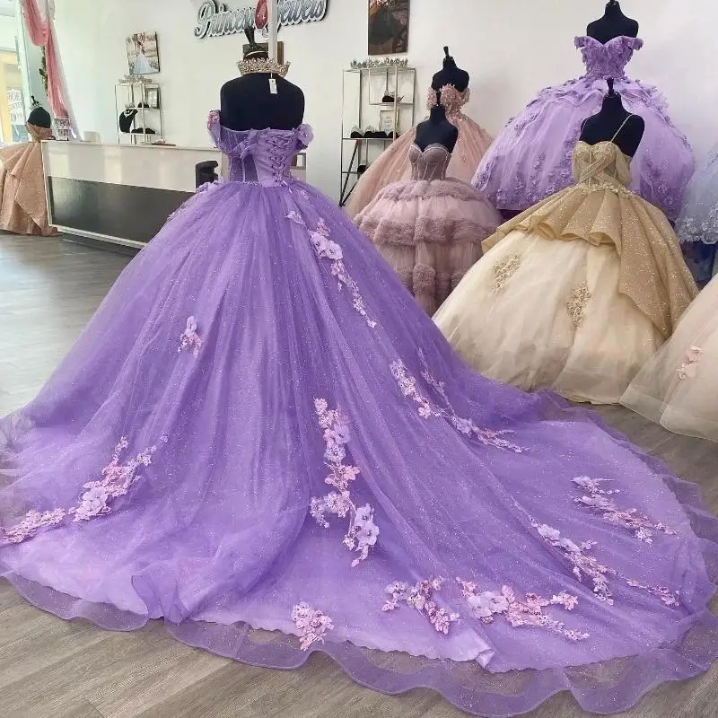 Purple Princess Sweetheart Ball Gown Quinceanera Dresses Beaded Appliques Lace Beads Sweet 16 Dress Vestidos De 15 años