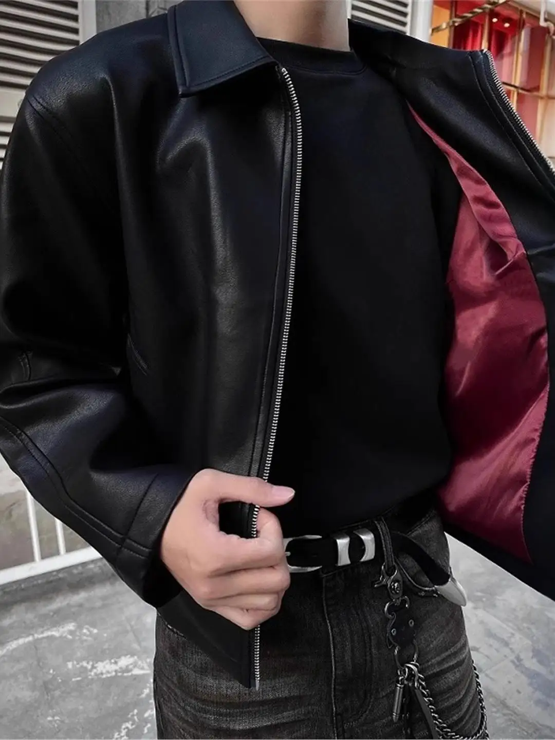 

Мужская демисезонная куртка из искусственной кожи в американском ретро-стиле, красная, с внутренней молнией, повседневная, осенняя