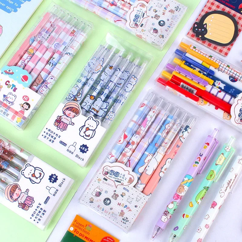 6 Pieces/Box Black Ink Retractable Gel Pens 0.5mm Kawaii Cartoon Quick-Dry for Studens Writing Office School Stationery Gifts