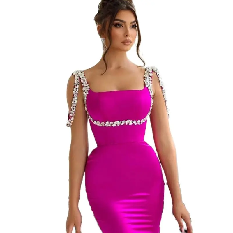 

Sexy Prom Evening Dresses Hot Pink Beadings Floor Length Party Dress Backless Night Mermaid Cocktail Gowns Plus Size