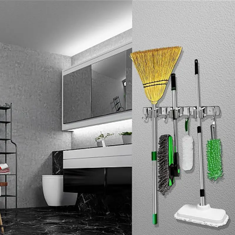 Mop Holder Wall Mount Stainless Steel Adhesive Organizer For Broom Heavy-Duty No Punch Hanger For Rakes 45 Lbs Bearing Load Rags