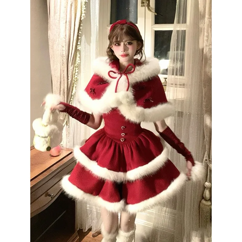 

Sweet Christmas Lolita Dress Winter French Lady Princess Outfit New Years Y2k Vintage Cape Dress for Women Xmas Party Costume