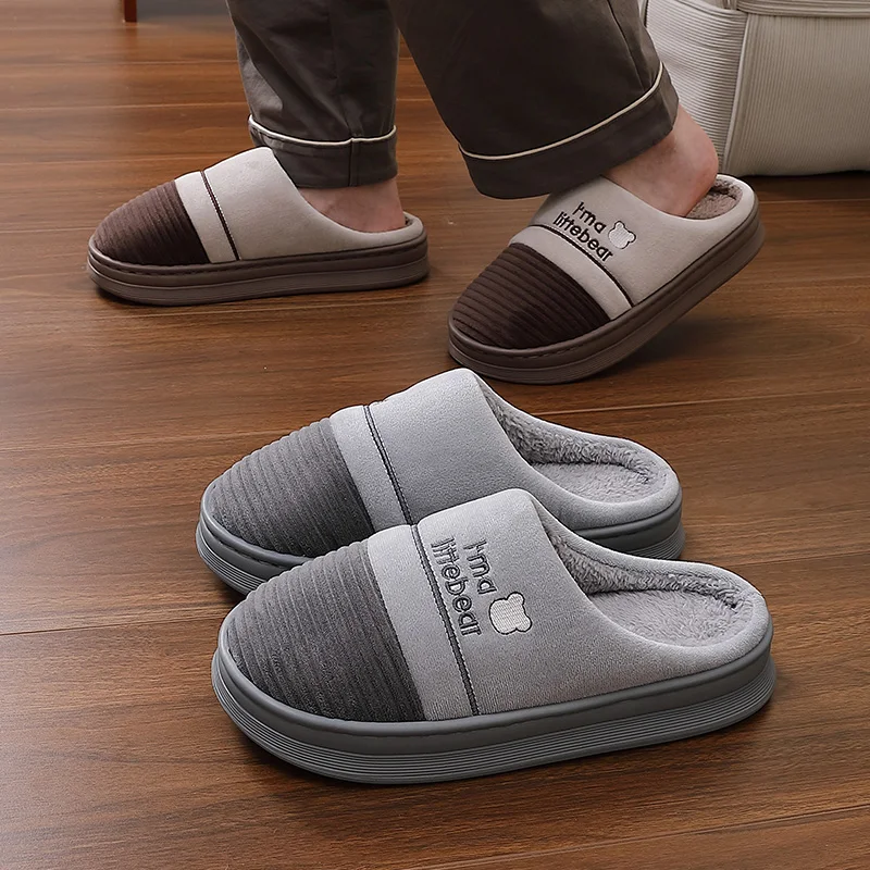 Winter Warm Men Slippers Cute Bear Embroidery Plush Fleece Lined House Shoes Thick Platform Non-Slip Indoor Home Bedroom Mules