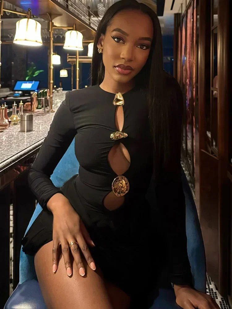 فستان قصير مثير بأكمام طويلة مفرغ من Chaxiaoa للنساء للخريف والشتاء بأزرار ورقبة دائرية وخصر عالٍ فساتين حفلات النادي أنيقة #5