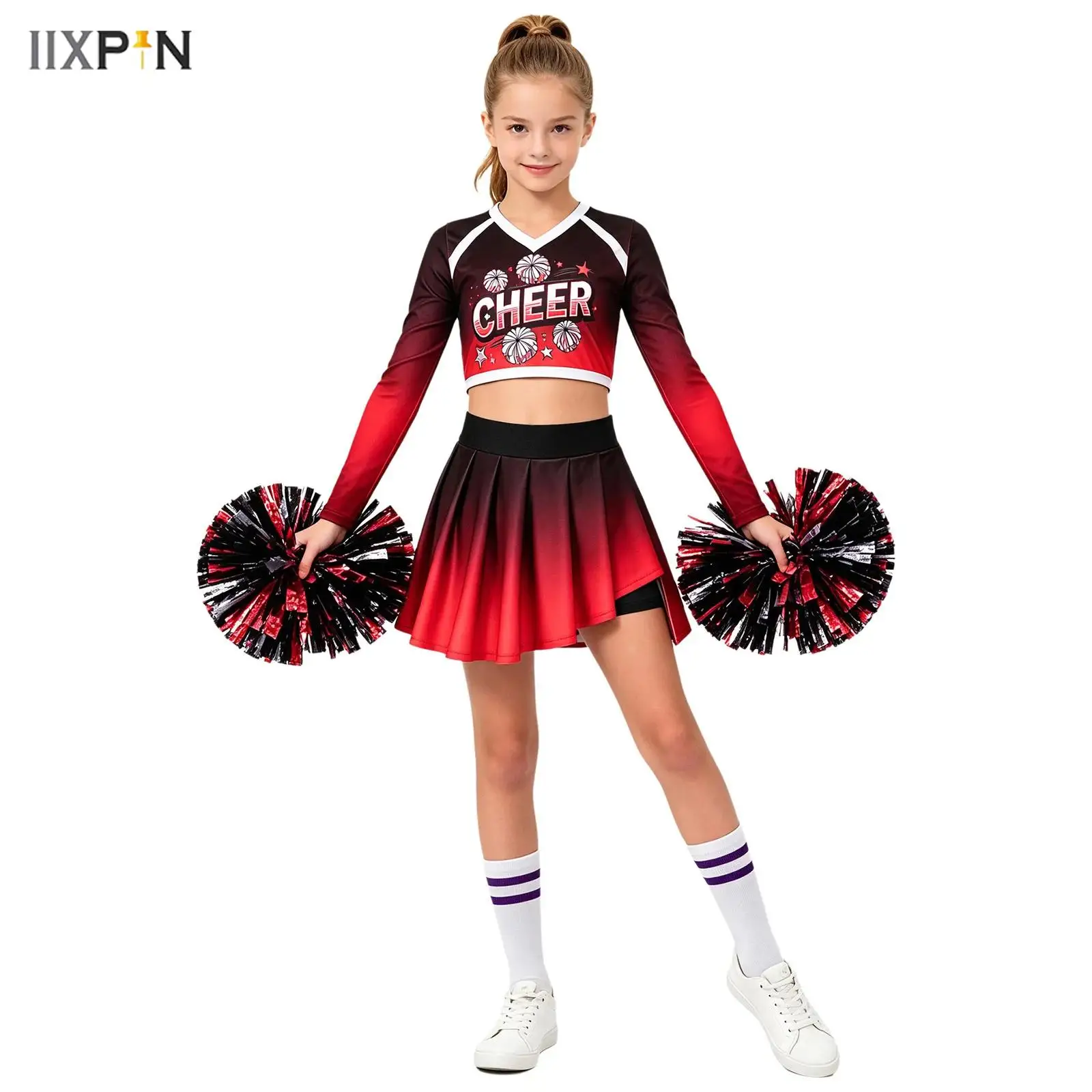 Kids Girls Cheerleading Dance Outfit Cheerleader Uniform Gradient Color V-neck Long Sleeve Letter Printed Crop Top+Pleated Skirt