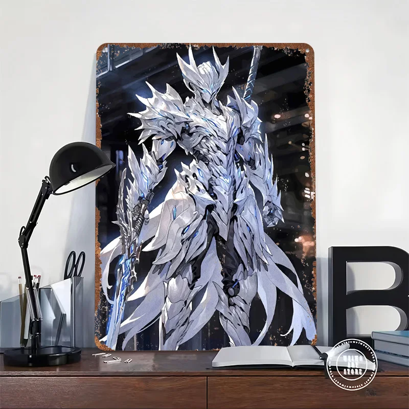 White Knight With Glowing Sword Printing Poster Customized Retro Wall Art Vintage Metal Signs for Mancave Decoration Garage Home