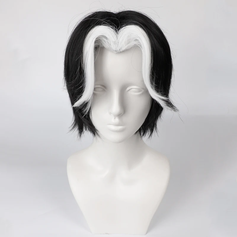 Husk Cosplay Wig Krótkie czarne białe mieszane peruki dla mężczyzn Kostium na Halloween Odgrywanie ról Odporne na ciepło włosy syntetyczne + czapka z peruką