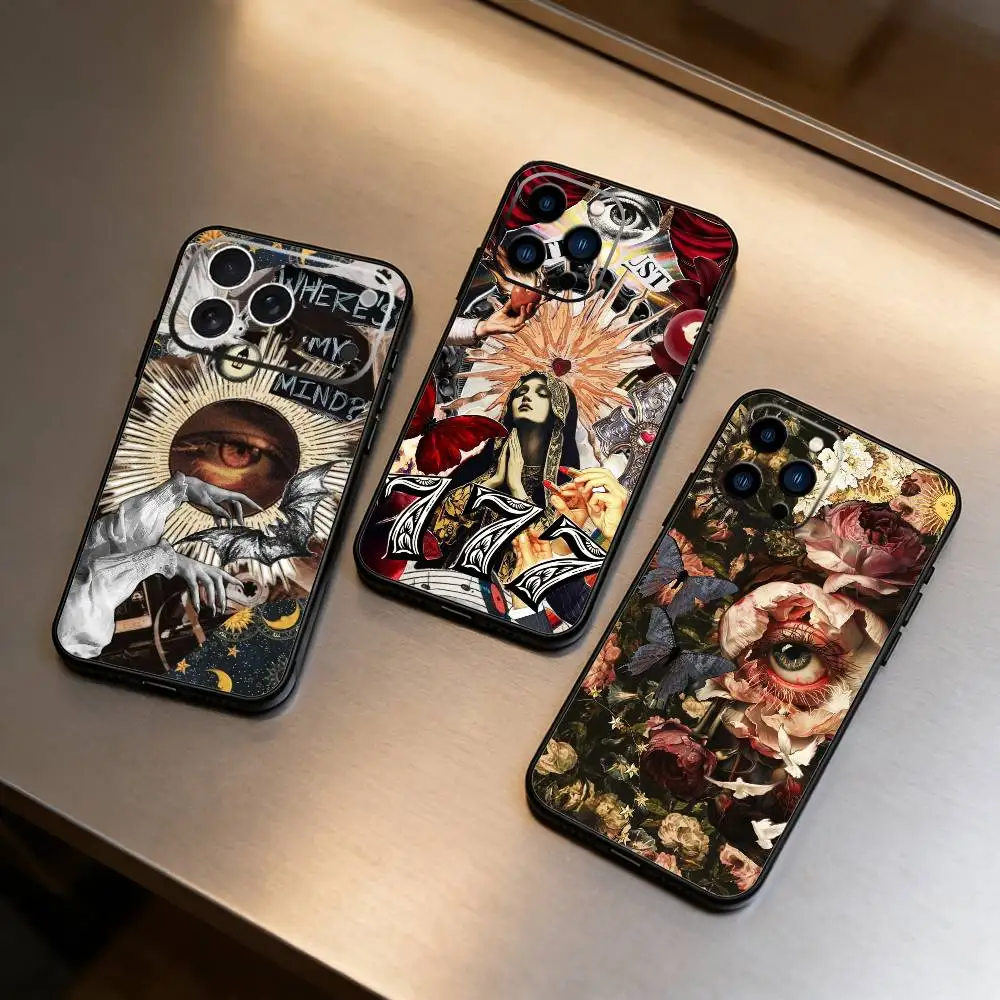 Dark Ornate Collage Art Phone Case For IPhone 16,15,14,13,12,17,Pro Max,Plus Silicone Black Case