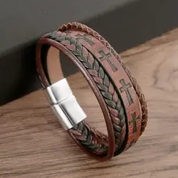 New Cross Design Leather Bracelet for Men 19/21/23cm Hand-Woven Multilayer Leather Bracelets Punk Bangles Fashion Jewelry Gifts