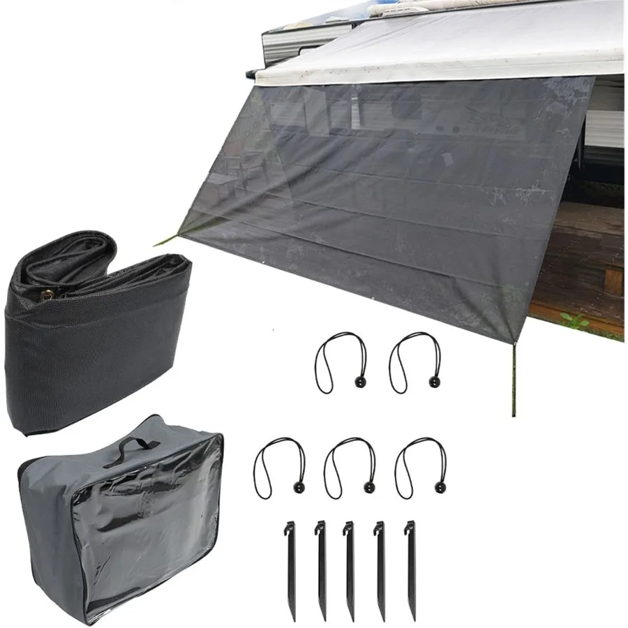 

9FT x 18FT RV Front Awning Complete Kit with 3-Inch Black Grid UV Blocking Sun Screen for Enhanced Shade Privacy and Outdoor Ca