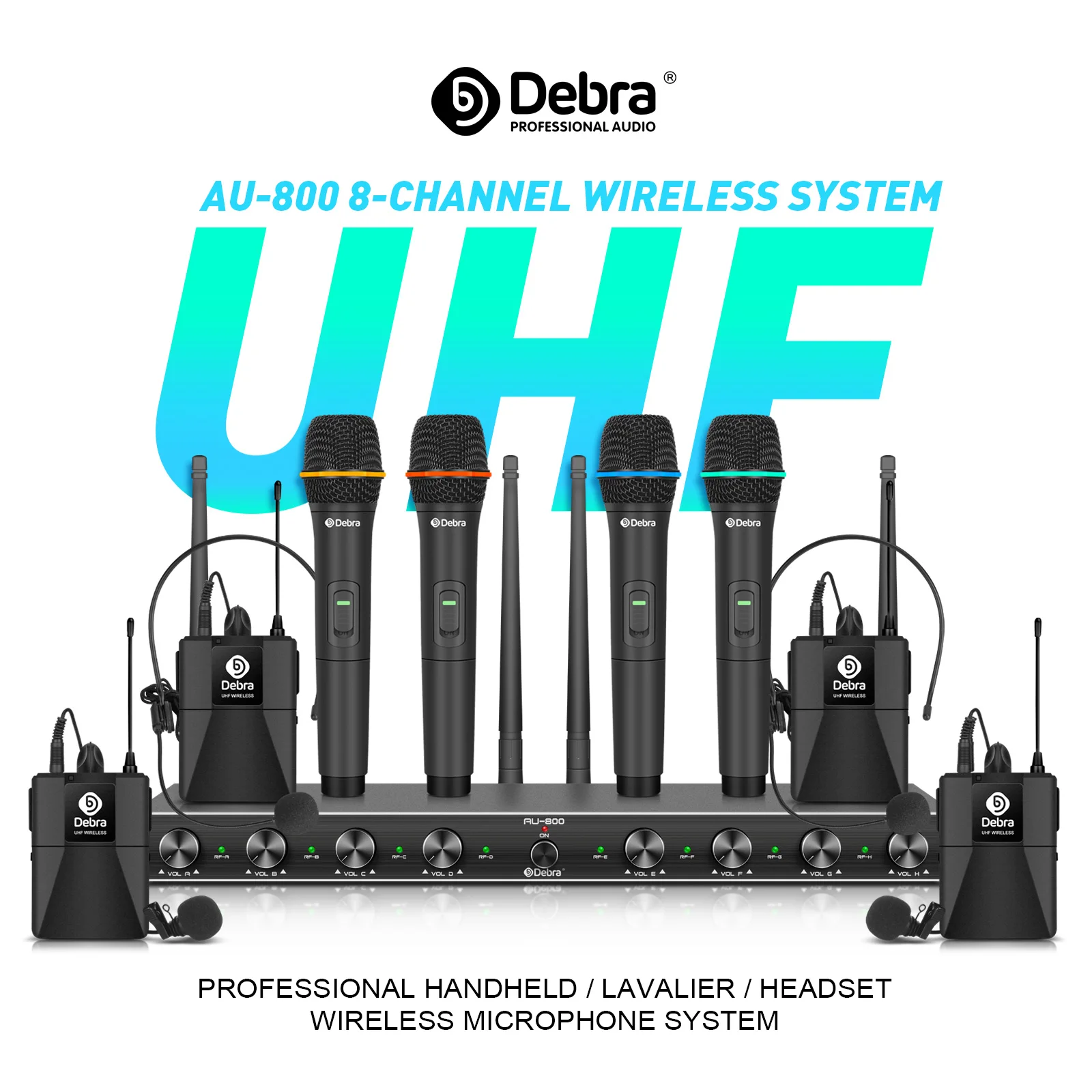 Debra Wireless Microphone System AU800 UHF Professional  8 Channels Handheld Lavalier For Stage Performance  Karaoke Church