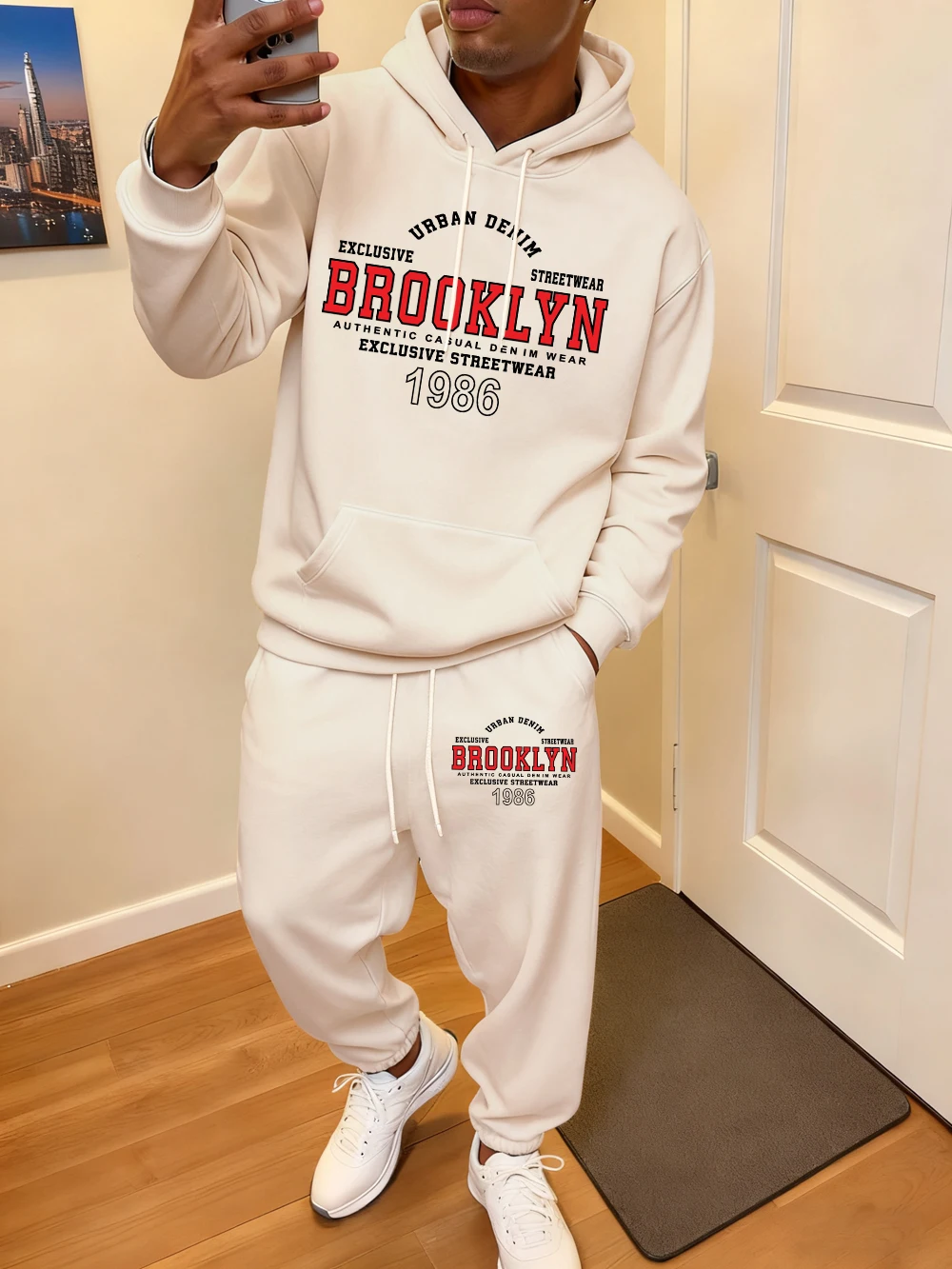 2 قطعة مجموعة هوديي الرجال بروكلين رسالة بسيطة يطبع Sweatpants رياضي الصوف الدافئة جيب البلوز السراويل الخريف ملابس فضفاضة #1