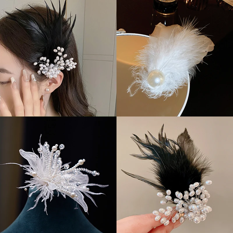 2 Pcs Large Flower Feather Imitation Pearl Duckbill Hair Clips for Women Temperament Sweet Luxury Fairycore Head Accessories Set