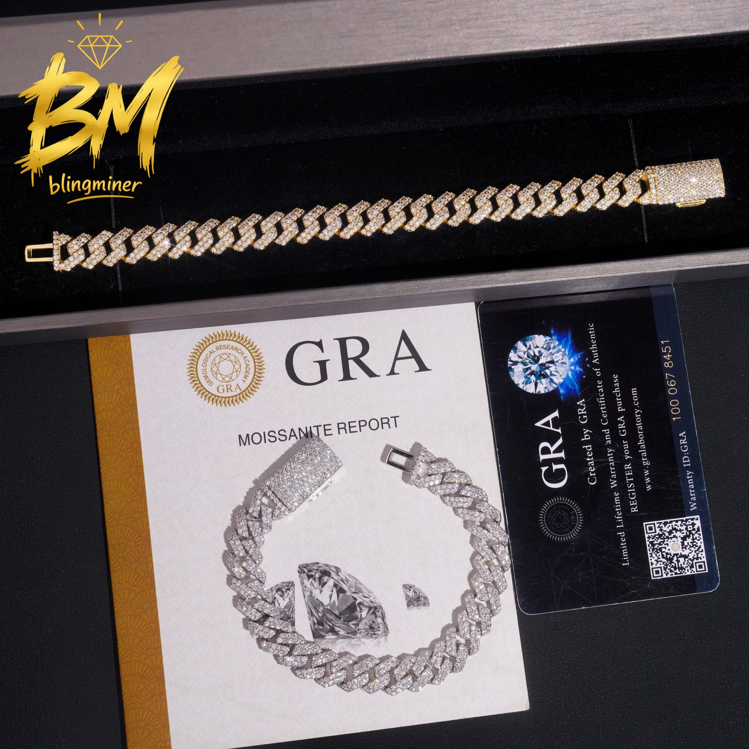 Blingminer Ice Out 10MM 2Rows VVS Moissanite Cuban Link Chain For Men S925 Silver Jewelry Pass Diamonds Tester With GRA
