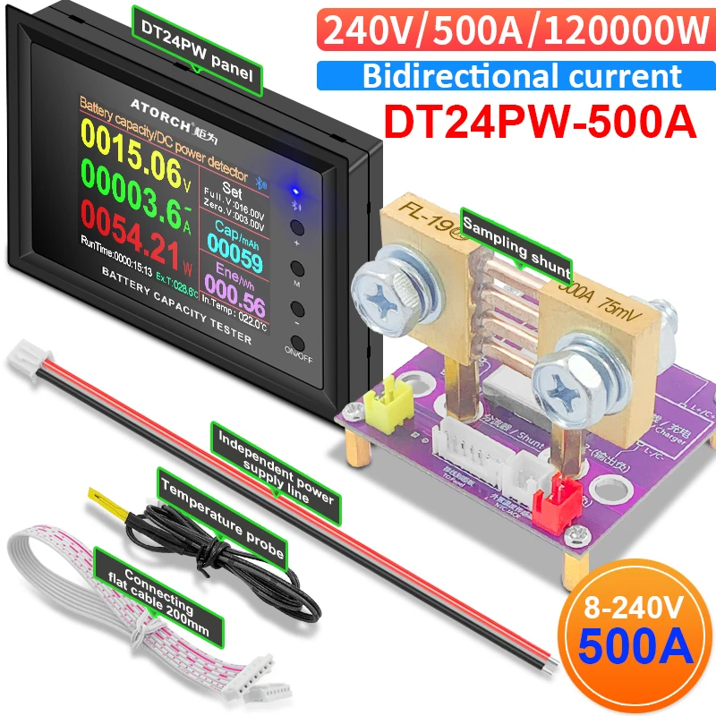 DT24PW 240V/500A IPS display digitale DC Power voltmetro amperometro Tester di capacità della batteria misuratore di tensione misuratore di